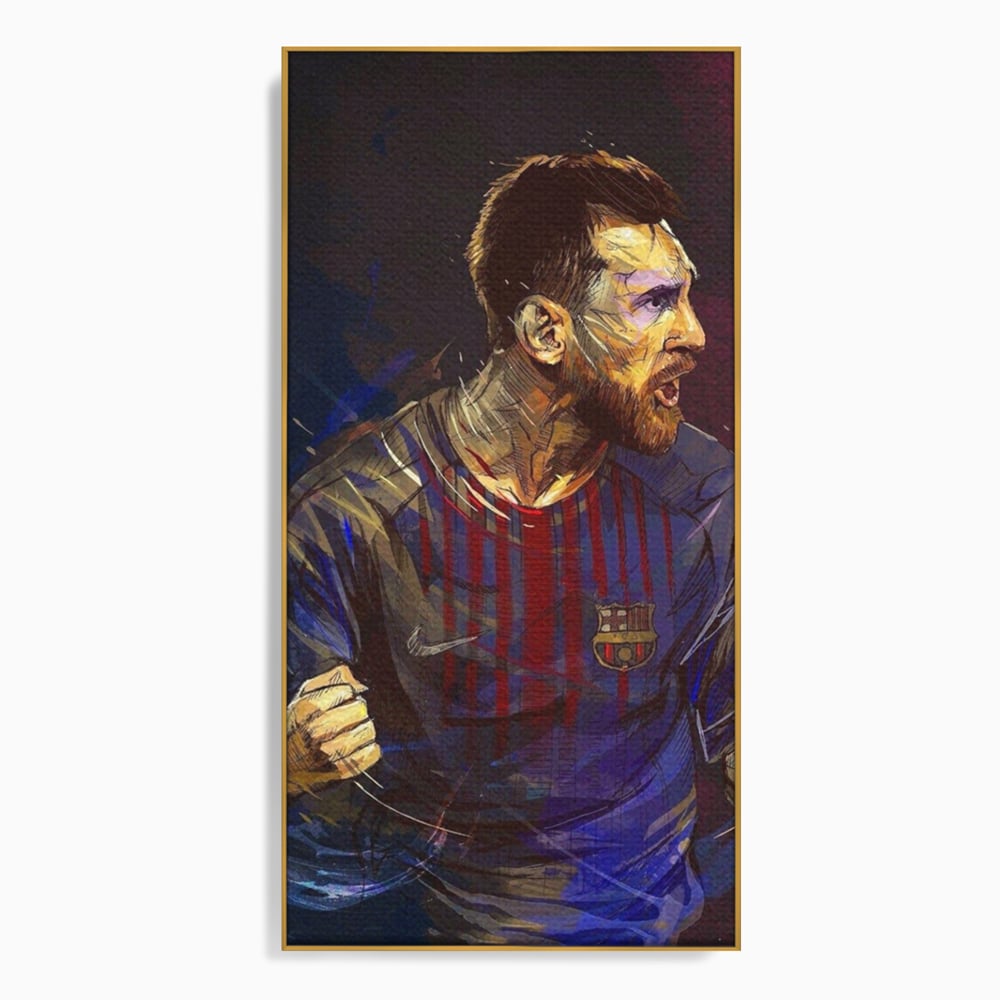 Tablou canvas cu portret ilustrat in culori vibrante cu lionel messi, in rama de aluminiu auriu